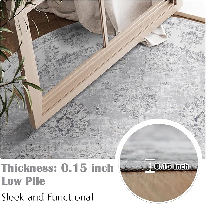 jinchan Fiora Round Rug 6ft Area Rugs Vintage Floral Distressed Design - Machine Washable Non-Slip Low-Pile Ultra-Thin Circle Rug for Entryway Bedside Living Room Dining Room Bedroom (6' Round, Grey)
