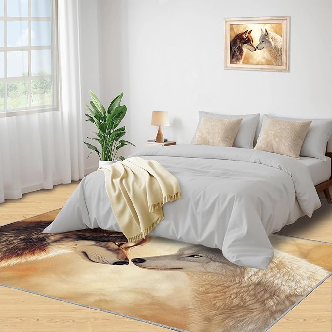 Wolf Rugs for Bedroom - 3x5 Area Rug - 3D Wolf Rugs for Living Room, Misty Forest Rug, Non-Slip Washable Home Decor Carpet