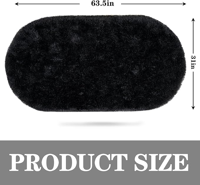 Soft Fluffy Area Rug for Bedroom, Black Fuzzy Shaggy Oval Throw Rugs for Bedside, Non-Slip Cozy Plush Shag Carpet for Kids Room Nursery Dorm Living Room, 2.6 x 5.3 Feet