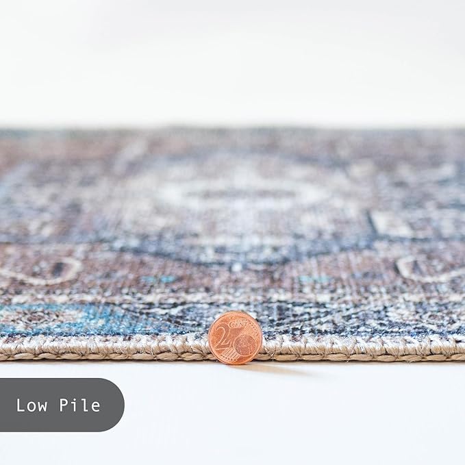 GLN Rugs Traditional Collection - Machine Washable Area Rug, Traditional Washable, Non Slip, Low Pile Chenille Rug, Living Room, Bedroom, Kitchen Rug (4' x 6' Brown/Blue)