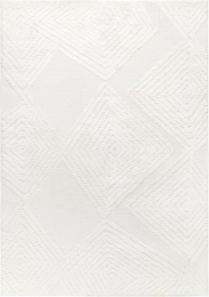 Antep Rugs Palafito 4x6 Geometric Shag Diamond High-Low Pile Textured Indoor Area Rug (White, 3'11" x 5'11")