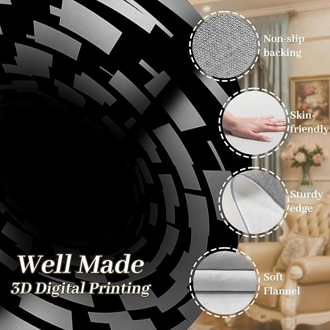 3D Illusion Swirl Area Rugs, 3x4ft, Modern Abstract Grid Black Hole Living Room Carpet, Geometric Black White Check Washable Carpets, Ultra Soft Cozy Shed Resistant Mat for Indoor