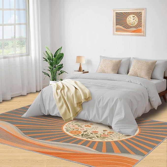 Boho Sun Area Rugs 8x10ft, Minimalist Line Area Rug for Living Room, Geometric Solar Modern Rug with Double Sided Carpet Tape for Bedroom Men Room Decor