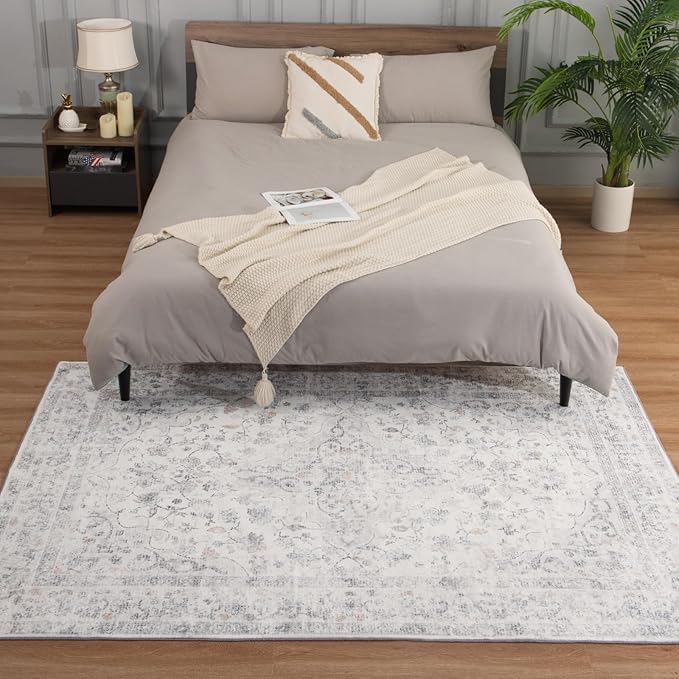 4x6 Washable Rug – Boho Non-Slip Indoor Area Rug for Living Room, Bedroom, Dining Room, Entryway – Ivory and Mist Grey with Subtle Blue Accents