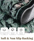 Lunasun Boho Dark Green Botanical 2x6 Washable Long Kitchen Runner Rug - Floral Throw Rug for Hallway, Bathroom, Indoor Entrance, Laundry, Bedroom - Soft Vintage Front Door Mat with Low Pile Non Skid