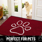 Smiry Dog Door Mat for Muddy Paws, Absorbent Dirt Trapper Non Slip Quick Dry Washable Chenille Mat for Mud Dogs, Entry Rug for Indoor and Outdoor (30x20 Inches, Red and White)