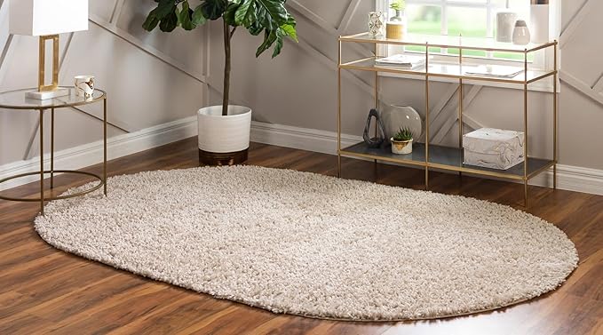 Unique Loom Davos Shag Collection Area Rug - Solid (5' 3" x 8' Oval, Linen)