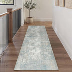 3x8 Washable Runner Rug Blue Cream Abstract Hallway Kitchen Throw Rug Neutral Modern Non Slip Soft Low Pile Lightweight Carpet for Bathroom Laundry Bedroom Living Room