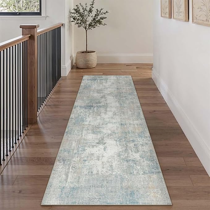 2x8 Washable Runner Rug Blue Cream Abstract Hallway Kitchen Throw Rug Neutral Modern Non Slip Soft Low Pile Lightweight Carpet for Bathroom Laundry Bedroom Living Room