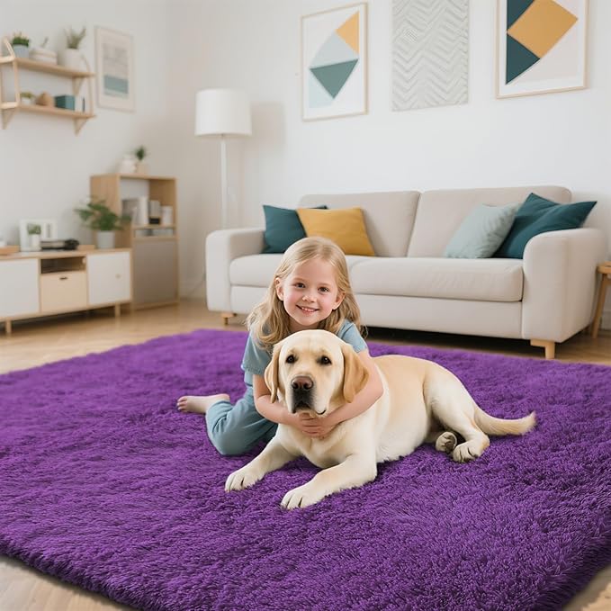 Purple Fluffy Rug Shaggy Area Rug, 5x8 Area Rugs for Girls Bedroom, Soft Cute Baby Play Mat, Indoor Floor Carpet for Teen, Nursery, Preppy Dorm, Plush Aesthetic Bedside Rug