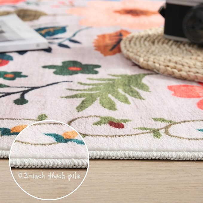 Rugcomf Round Rug 6ft Washable Circle Rug Non Slip Low Pile Boho Floral Small Circular Rug for Bedroom, Bathroom, Entryway, Kids Room, Office, College Dorm(Beige)