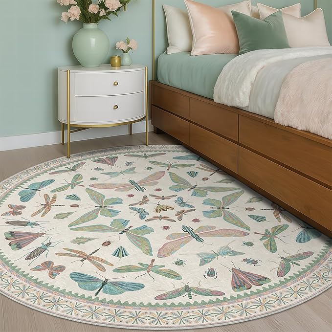 Green and Blue Insect 6ft Round Soft Rugs for Nursery, Bedroom Beside Bed - Non Skid Rug Low Pile Washable Living Room Rugs, Forest Butterfly Design Stain Resistant Home Décor