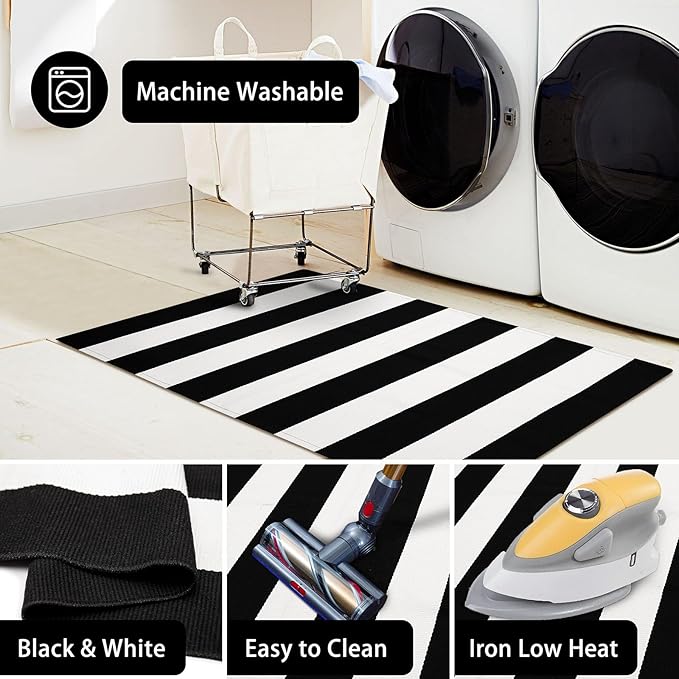 KOZYFLY Black and White Striped Runner Rug 2x4.3 Ft Washable Hallway Runner Rug Farmhouse Kitchen Hand Woven Cotton Indoor Outdoor Rug for Front Door Kitchen Hallway Bedroom Laundry Room