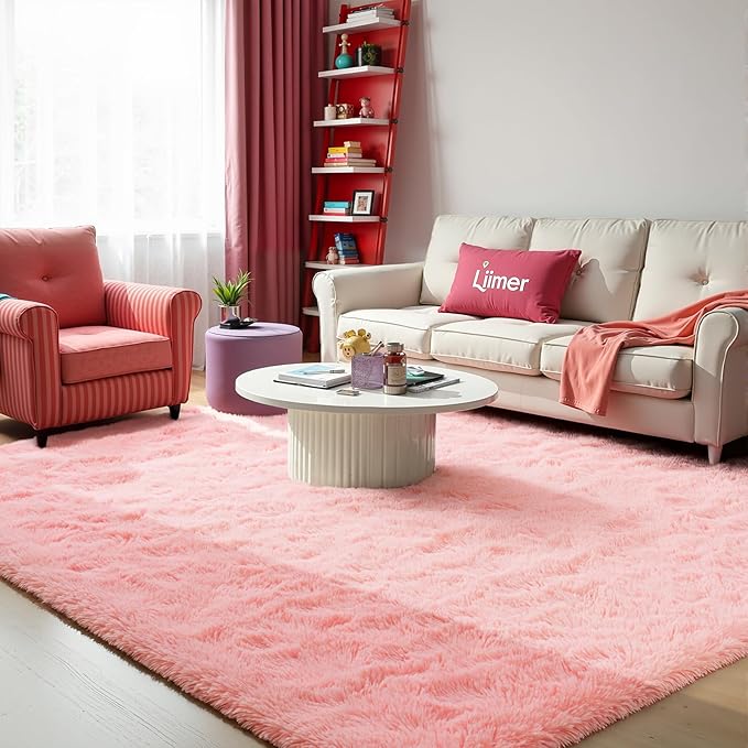 Zentavio Pink Rugs for Girls Room 5x8 Area Rugs for Living Room Cute Carpet for Bedroom Washable Soft Fluffy Shag Aesthetic Plush High Pile Throw Rug for Nursery Kids Room Dorm Room