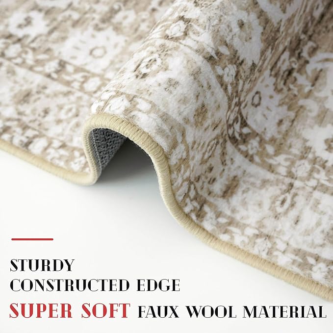 Vintage 4x6 Living Room Washable Rug, Beige Tan White Non-Slip Soft Bedroom Area Rug Thin Printed Faux Wool Floor Super Soft Carpet Throw Rugs for Nursery Playroom Dining Room Indoor Office
