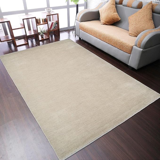 Hand Knotted Loom Wool ECO-Friendly Area Rugs - 6'7''x9'10'', Rectangle, Beige Color, Solid Plain Design, High Pile Thick Handmade Anti Skid Rugs for Living Room (L00111)
