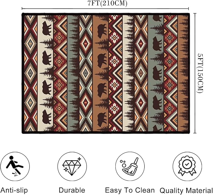 Rustic Cabin Wildlife Area Rug 5x7 Living Room Rug,Bear Moose Deer Country,Vintage Throw Rugs Carpet for Dining Room Washable Bedroom Rug Non Slip Floor Carpets for Office,Kids Playroom