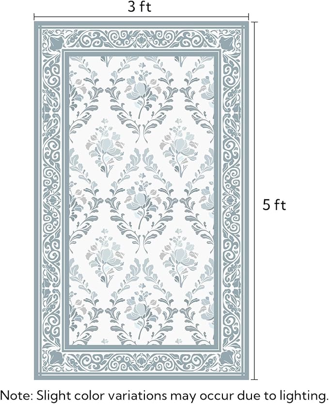 SOULFUL Medium Pile 3x5 Area Rug - Soft Underfoot Small Entryway Rug - Mist Blue Boho Floral - Washable Non-Slip - Perfect for Living Room Bedroom Foot Kids Room Reading Nook
