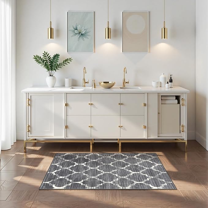 Lahome Moroccan Grey Runner Rug for Hallway - 2x4 Rug Washable Non-Slip Small Rug Lightweight Throw Soft Bath Modern Floor Carpet Runner for Kitchen Entryway Bedroom Laundry Room