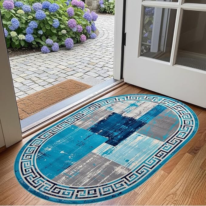 Distressed Blue Grey Greek Key Pattern Indoor Area Rug 7x10 for Living Room Bedroom Dining Room Faux Wool Anti Slip Floor Mats Nursery Entryway Minimalist Geometric Texture Bordered Rugs Retro Carpet
