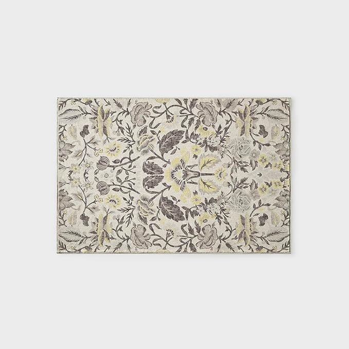 EVERGRACE Area Rugs for Entryway 2x3, Boho Floral Faux Wool Indoor Outdoor Small Rugs, Washable Rugs for Bedroom Bathroom Laundry Doormat, Low Pile Floor Mat Carpet for Home Decor, Gray