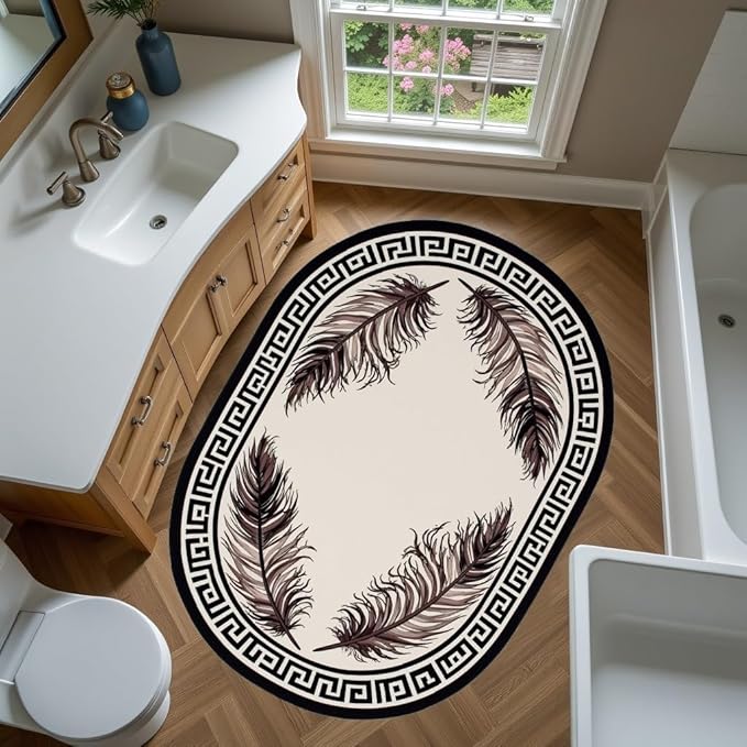 Light Beige Tan Black Greek Key Pattern Bordered Large Rugs for Living Room Bedroom Dining Room Machine Washable Non Skid Soft Area Rug 6x8 Nursery Dorm Guestroom Minimalist Oval Floor Mats Carpet