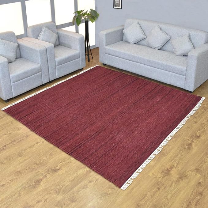 Rugsotic Carpets Hand Woven Flat Weave Kilim Wool ECO-Friendly Area Rugs - 10'x10', Square Shape, Dark Red Color, Solid Plain Design, Low Pile Handmade Rugs for Living Room, Bed Room (D00111)