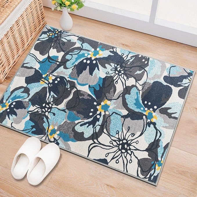 Rugshop Modern Large Floral Non-Slip (Non-Skid) Area Rug 20" X 30" Gray-Blue