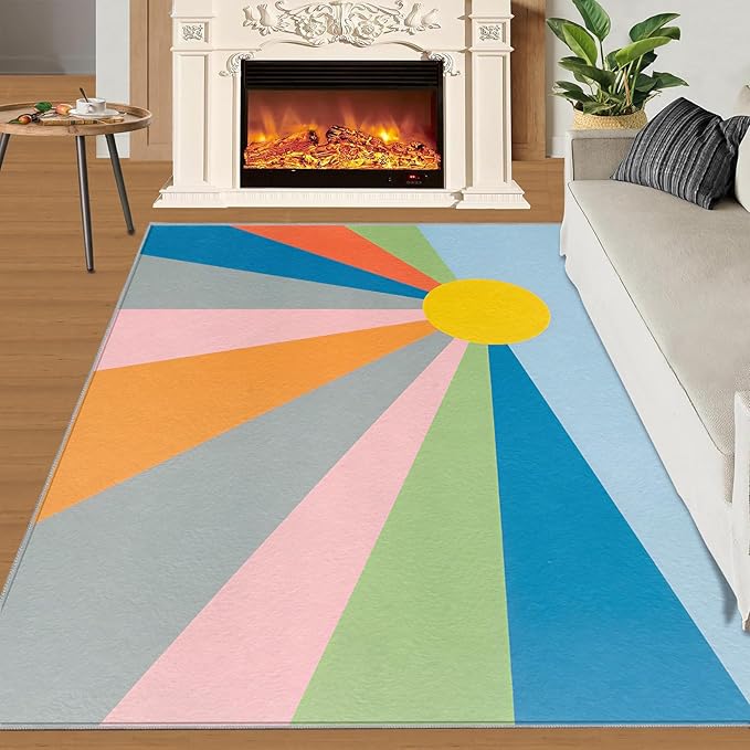 Boho Sun Area Rugs 6x9ft, Abstraction Deco Fluffie Rugs for Living Room, Minimalist Sunburst Nursery Rug with Under Rug Non Slip Tape for Bedroom Kids Room