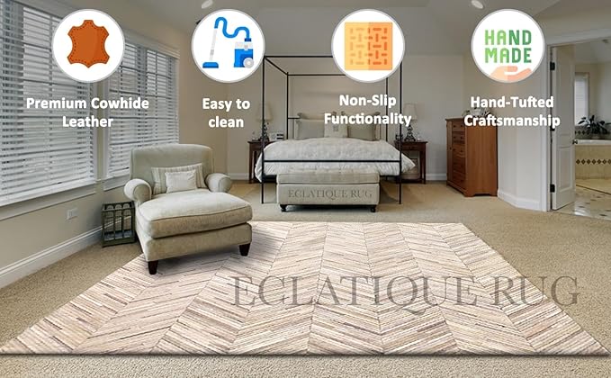 Premium Rectangular Rug Cowhide Leather Stylish Non Slip Chevron Patchwork Area Rug for Bedroom and Home Décor Accent Floor Carpet (Beige-10 x 14 ft)