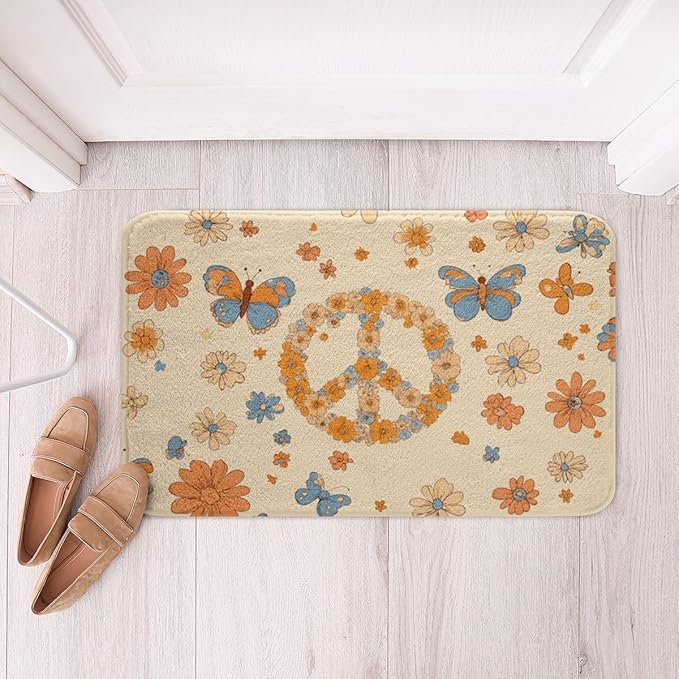Erosebridal Groovy Party Decorations Bathroom Rugs for Girls Women Peace Sign Decor Bath Mat Hippie Butterfly Non Slip Bath Rugs Cute Kawaii Florals Fluffy Plush Rugs 20x32 Honey Bee Gifts for Kids