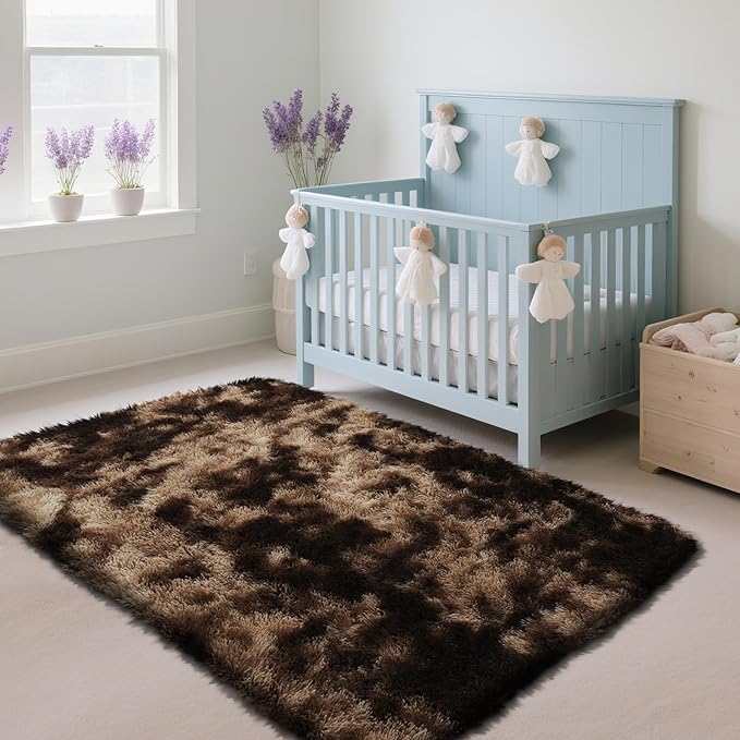 Fluffy Rug Shaggy Area Rug, Mottling Brown 3x5 Area Rugs for Bedroom, Small Bedside Rug, Soft Fluffy Shaggy Entryway Throw Rugs for Living Room Bedroom Kids Room Home Decor