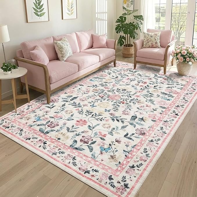 8x10 Washable Floral Distressed Rug, Vintage Farmhouse Area Rug for Living Room, Non-Slip Low Pile Soft Carpet for Nursery Bedroom Dining Room Home Office, Pink