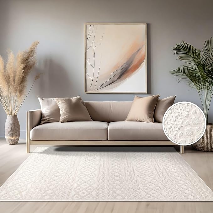 Paco Home Modern Area Rug with Carved Geometric Pattern in Cream Ivory, Size: 5'3" x 7'7"