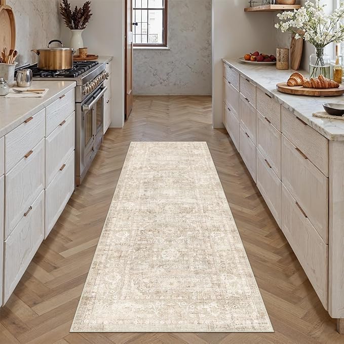 2x8 Beige Washable Runner Rug for Kitchen Hallway Neutral Soft Non Slip Rug Low Pile Vintage Distressed Carpet for Bathroom Bedroom Indoor Nursery
