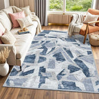 Modern Abstract Blue 5X7 Area Rug for Living Room Bedroom Washable, with Non-Slip Rubber Backing Print Faux Wool Thin, Throw Large Carpet for Kids Playroom Dining Room Pet & Child Friendly