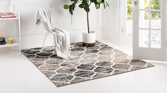 Rugs.com Lattice Frieze Collection Rug – 5' Square Blue Multi Medium Rug Perfect for Living Rooms, Kitchens, Entryways