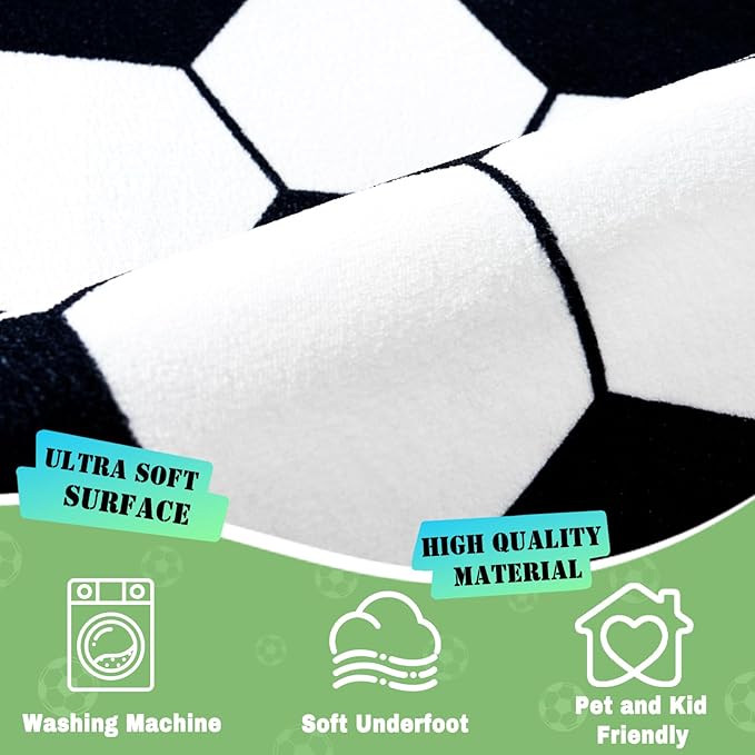 Soft Soccer Rug, Gifts for Boys Girls, Cute Bedside Shag Area Rug for Kids Toddlers Teens, Non Slip Room Decor Indoor Carpet for Bedroom Living Room, Nursery, Machine Washable 6 Ft inch