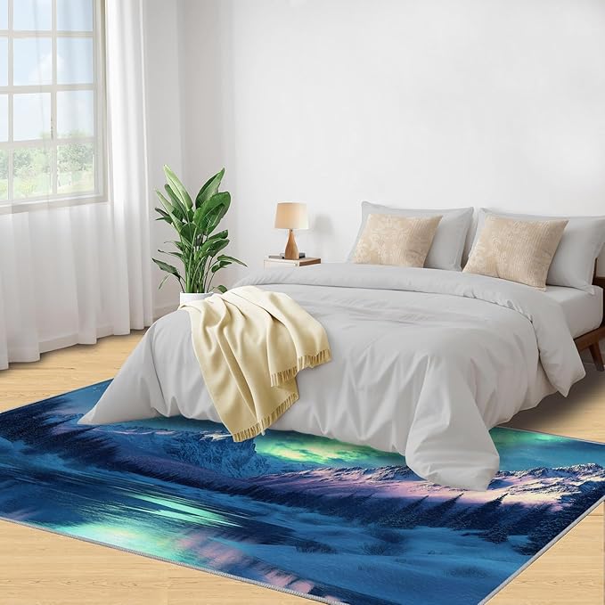 8x10 Snowy Mountains Rugs for Living Room - Aurora Borealis Large Area Rug, Polar Landscape Modern Boy Nursery Rug Soft Washable for Classroom Office Bedroom Kids Room