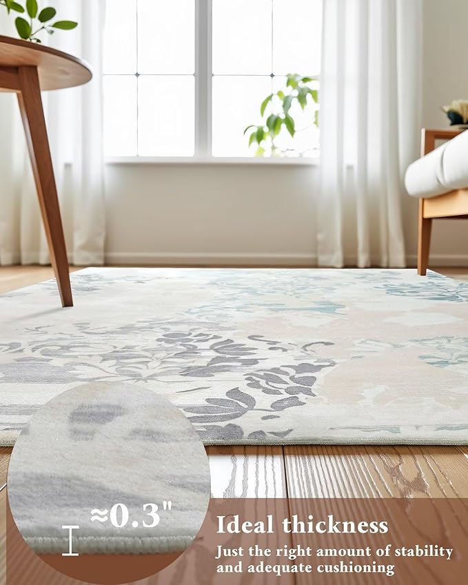 Washable Abstract Rug, 6x9 Ivory and Aqua Floral Area Rugs with Non-Slip Rubber Backed for Living Room, Low Pile Modern Throw Carpet Bedroom Dining Room Decor