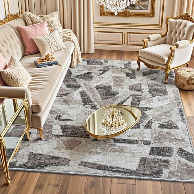 5X7 Area Rugs for Living Room Bedroom,Modern Abstract Large Carpet Washable Rugs 5X7 for Dining Room Office,Non Slip Gray Print Faux Wool Thin 5 by 7 Indoor Nursery Kids Home Pet & Child Friendly