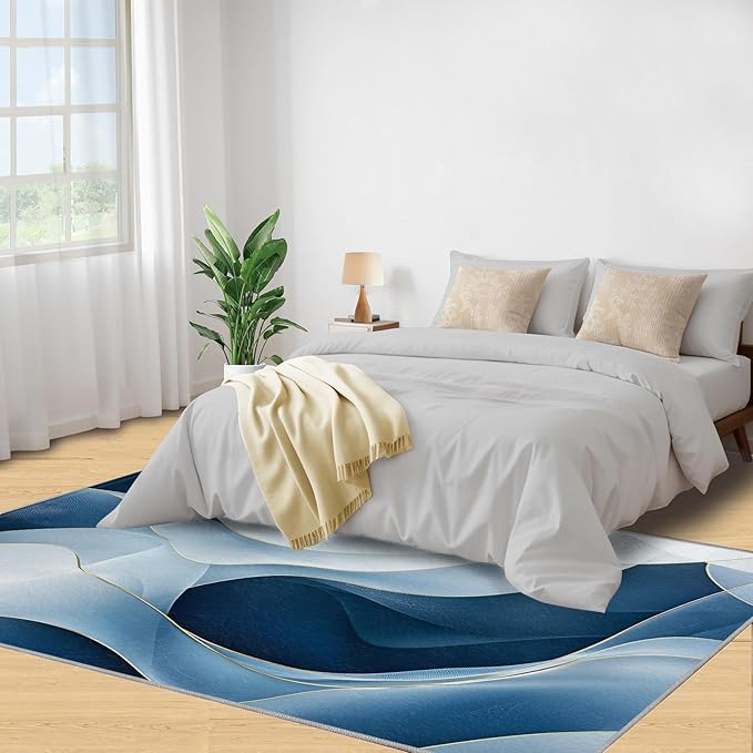 6x8 Abstract Lines Classroom Rugs - Blue-White-Waves Playroom Rug, Modern Abstract Carpet Area Rug for Girls Bedroom Kids Room Basement Office Classroom