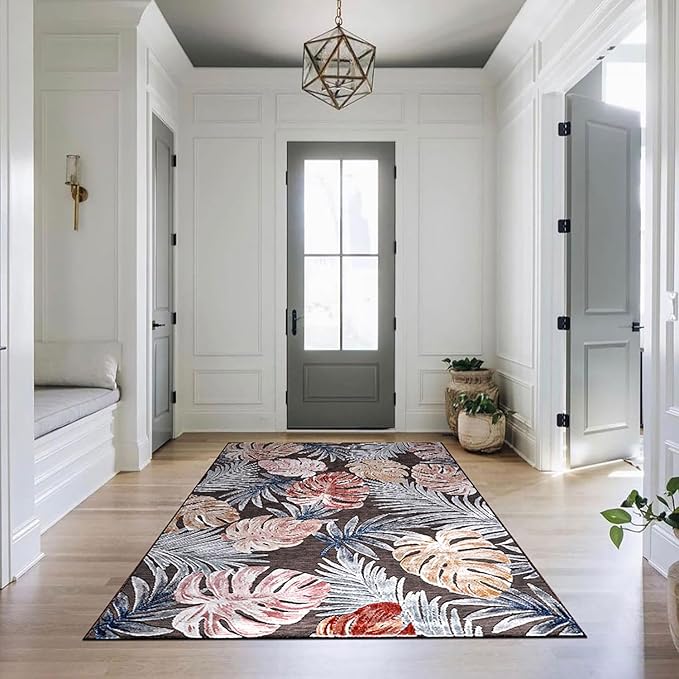 CAMILSON Indoor Outdoor Rug, Brown 4x6 Leaf Tropical Botanical Area Rugs for Indoor and Outdoor patios, Easy-Cleaning Non-Shedding Living Room, Garden and Kitchen Washable Outside Carpet (4 x 6)