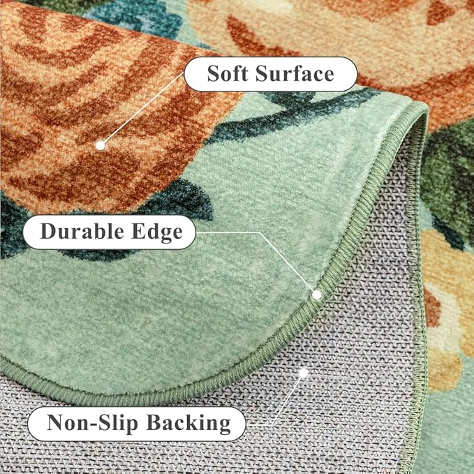 Washable Floral Area Rug 4x6 Green Office Carpet Scalloped Flower Non Slip Soft Living Room Rug Farmhouse Low Pile Thin Indoor Floor Cover for Bathroom Bedroom Kitchen Laundry Dining Room