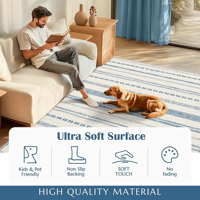 jinchan Moroccan Boho 5x7 Area Rugs for Bedroom - Machine Washable Soft Throw Rug Bohemian Ripple Design Non-Slip Carpet for Living Room Kitchen Dining Room Home Office (5‘x7', Blue)