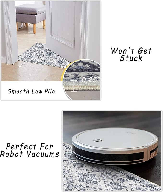 vivorug Runner Rug 2'x7' Vintage Washable Non-Slip Runners for Hallways Kitchen Entryway Laundry Room Carpet Hallway Runner Ivory/Blue