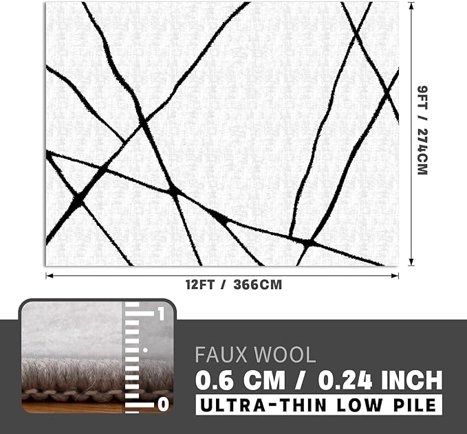 YIHOUSE Geometric 9x12ft Modern Washable Area Rug for Living Room Bedroom - Large Abstract Black and White Rug Non-Slip Ultra-Thin Home Decor