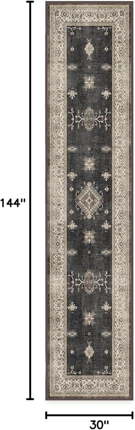 RUGGABLE Washable Vintage Runner Rug – Verena Dark Wood 2.5x12, Stain-Resistant, Non-Slip Hallway Runner – Machine Washable Rug for Hallway, Entryway, Living Room & Kitchen–with Standard Pad