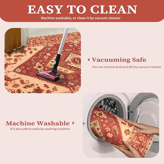 SERISSA 6x9 Area Rugs for Living Room, Large Washable Non-Slip Boho Rug, Ultra Soft Vintage Red Beige Oriental Tribal Print Distressed Carpet for Dining Room Bedroom Dorm Office Home Decor