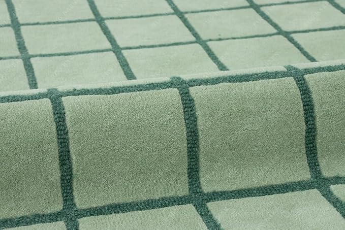 Mint Green Scalloped Edge Wool Area Rug with Checker Grid Design, Hand-Tufted Soft Carpet for Living Room, Bedroom, Nursery, Kids & Playroom Décor - 1x1 Ft (Sample)